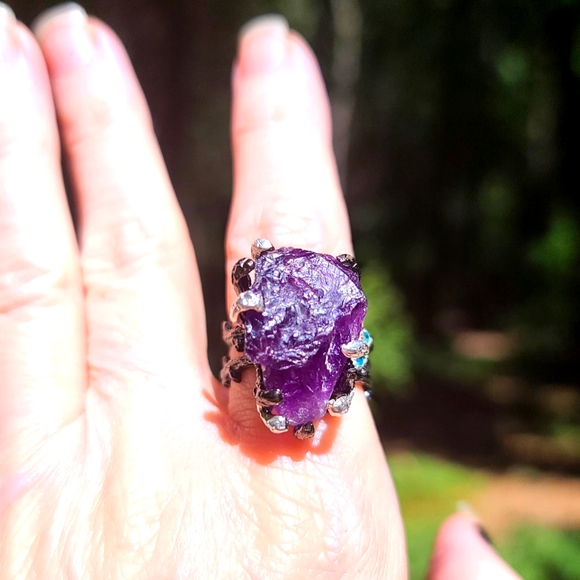 Dark Kharma by Avelon Jewelry - Deep Amethyst raw crystal Branch Sterling ring sz8